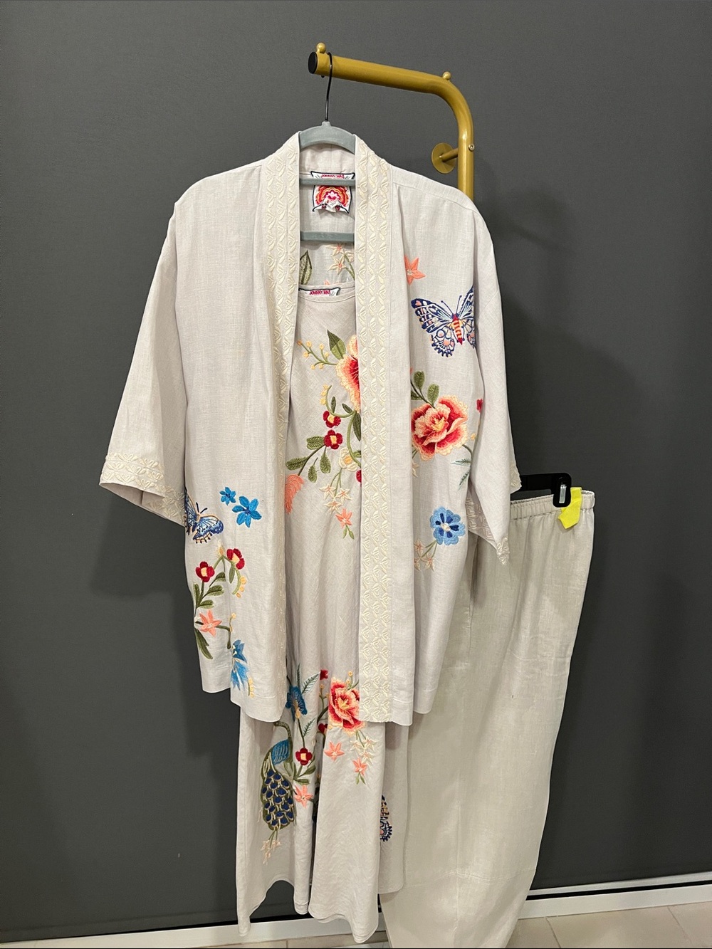 Johnny Was Cream Embroidered Floral & Butterfly Three Piece Linen Set